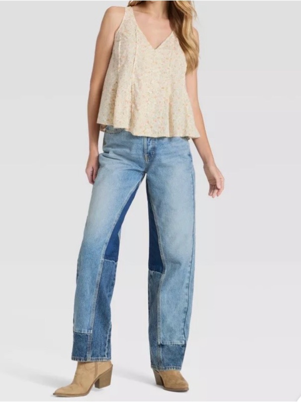 90s Baggy Two-Tone Light Wash Patchwork Jeans - Women